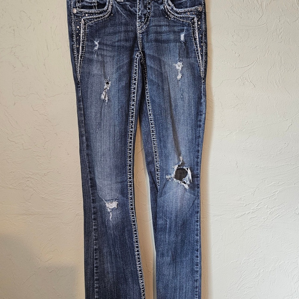 Silver Jeans Co. Aiko Bootcut Distressed Medium Wash Embroidered Denim Jeans